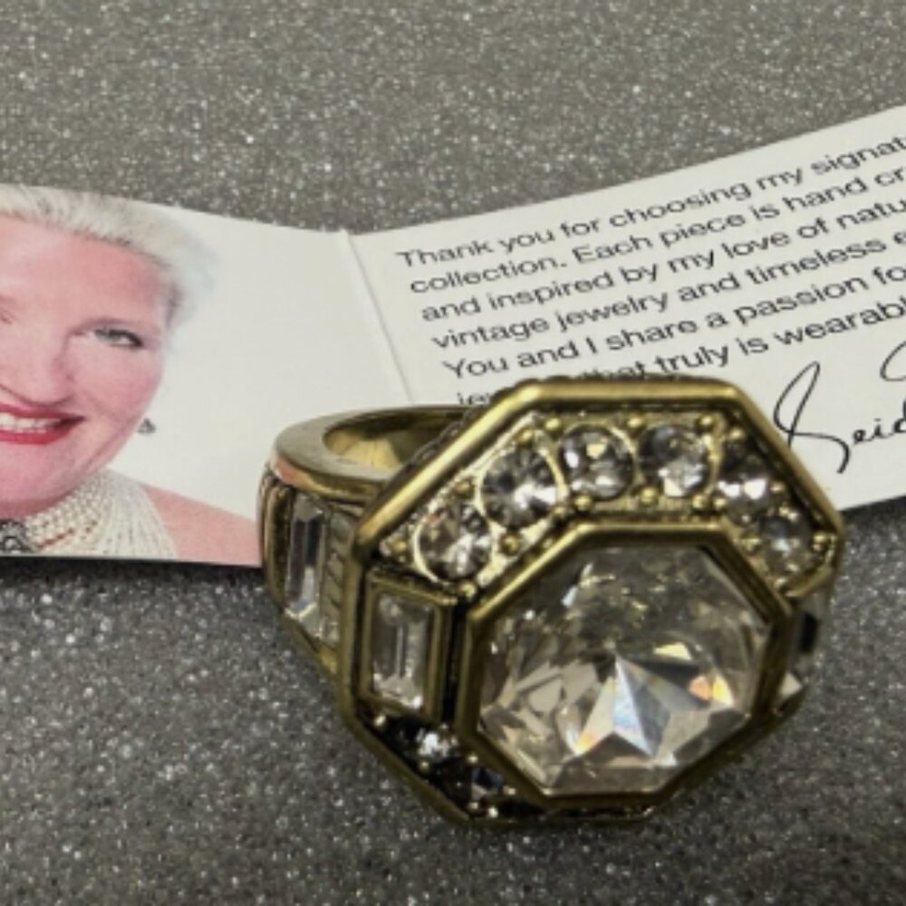 HEIDI DAUS RING Size 9-10‎ LAVISH LAYERS Clear CRYSTAL BRASS GOLD TONE